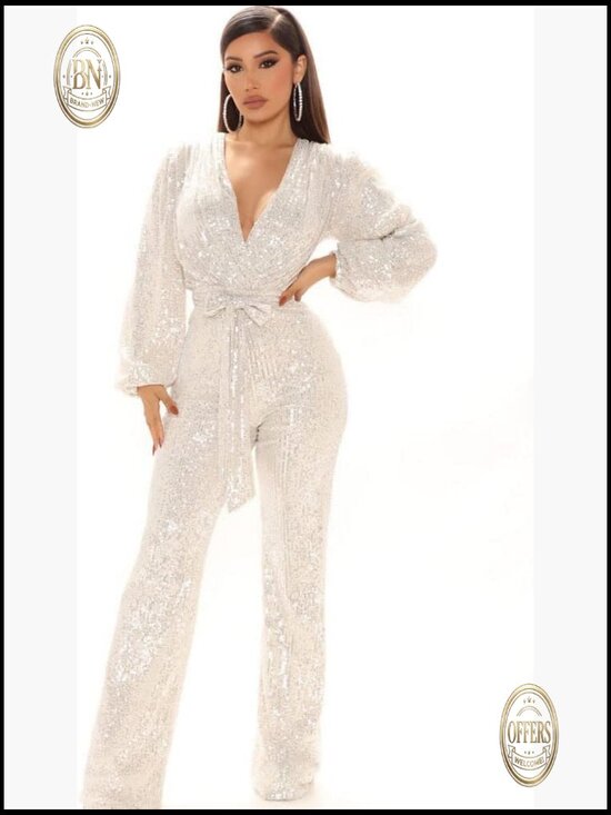 Pants - Long Sleeve V-Neck Sequin Jumpsuit with Wide Leg Pant Design